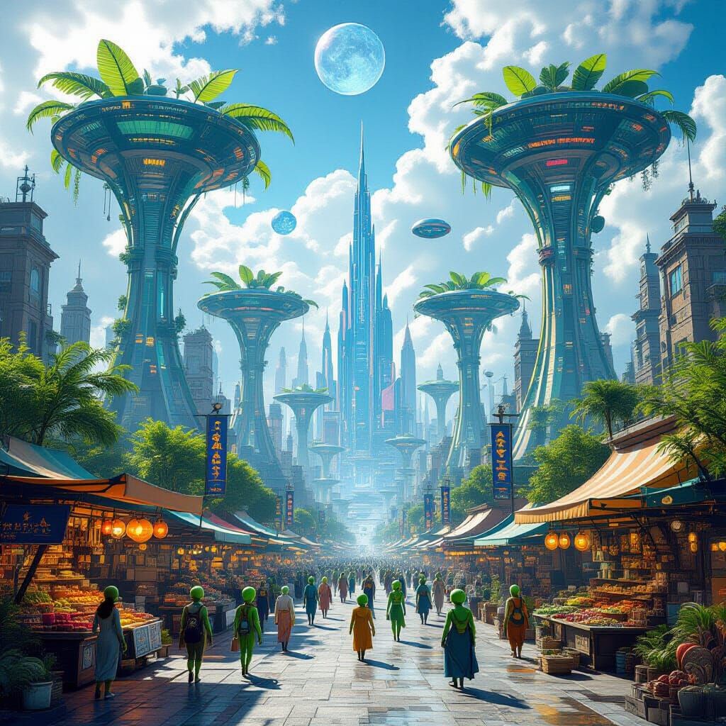 A hyperrealistic alien cityscape on a vibrant exoplanet. Towering frond-like trees with leafy tops rise ...  by @PWC Digital Art