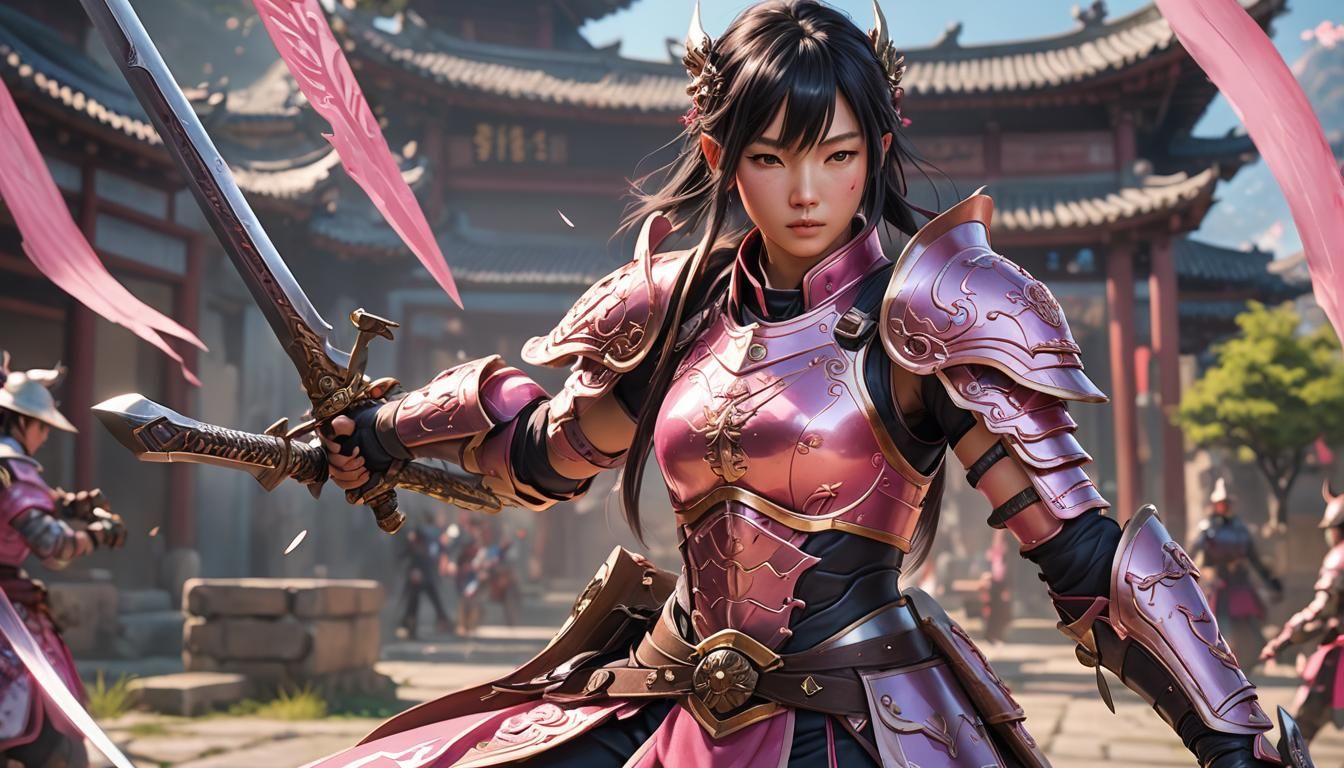 Female Asian pretty blade warrior fight in war wearing pink armour in sunny  day close up shot 3500 canon - AI Generated Artwork - NightCafe Creator