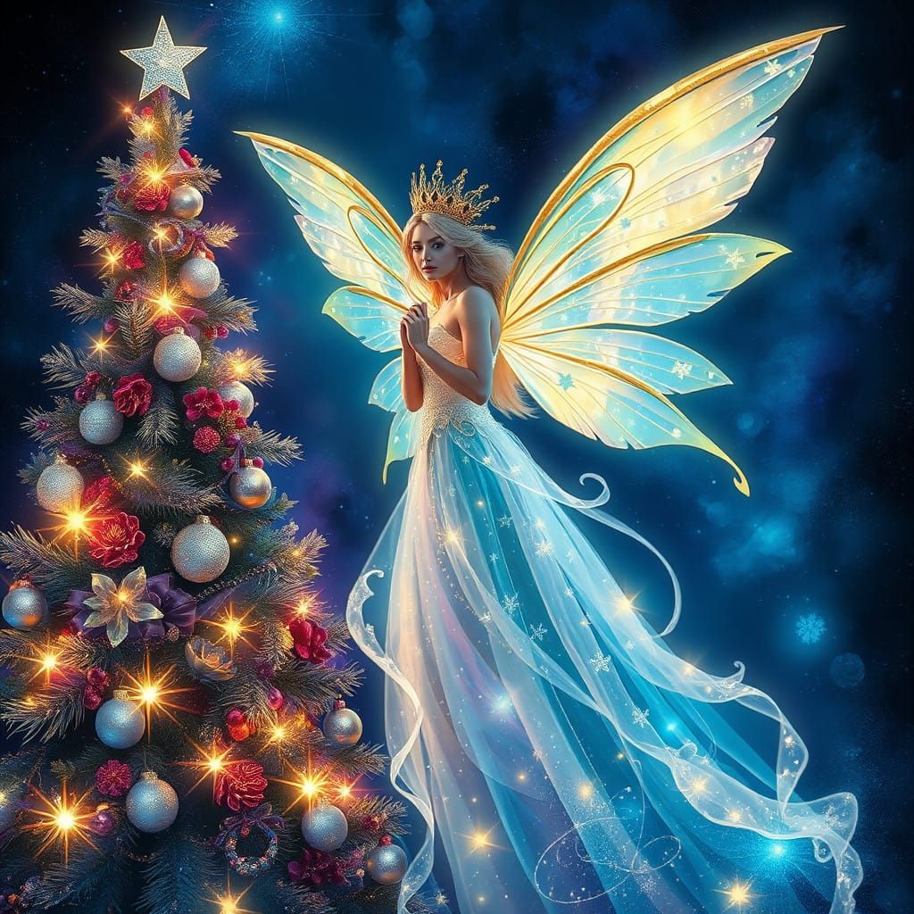 Enchanting Christmas Fairy Amidst Celestial Christmas Tree