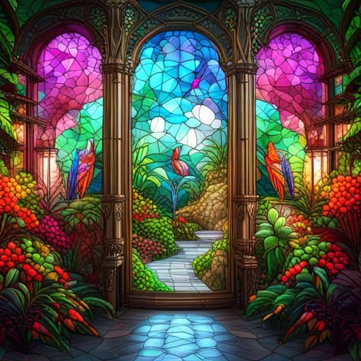 "Intricate stained glass windows project colorful prisms into vibrant  tropical aviary, fabulous birds ...  by @TaraLynn
