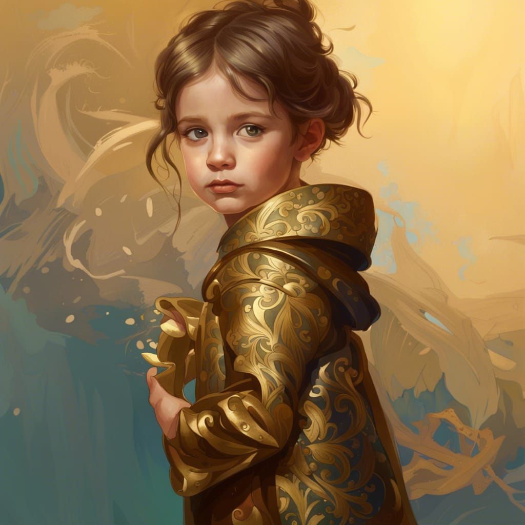 A toddler waring a long brass brocade dress
