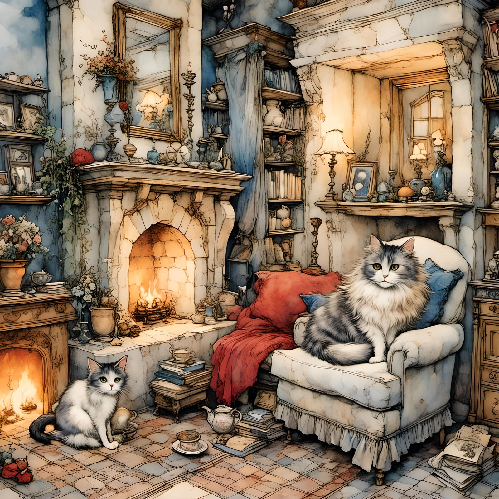 <lora:RackhamBurton1:1.0> detailed beautiful cat, cozy firep...