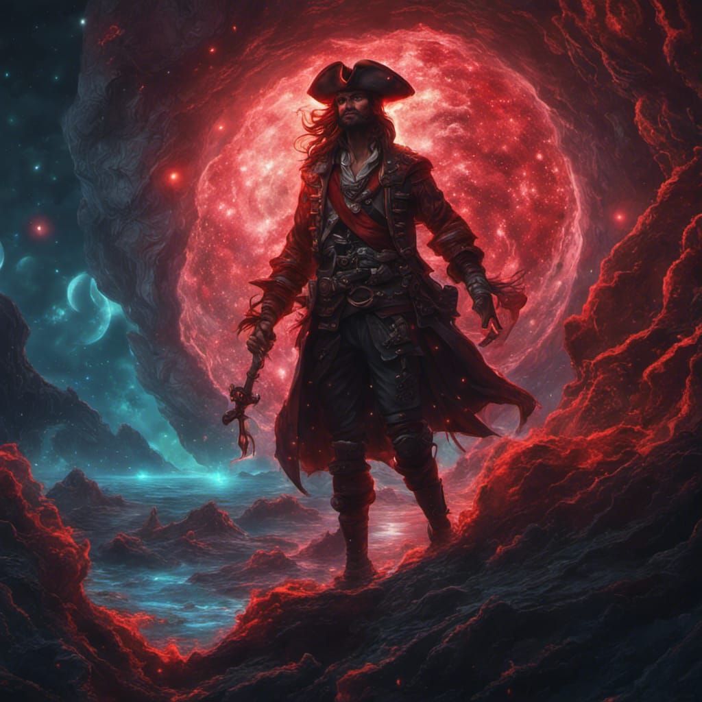 intricate red glow pirate sea sailor on bioluminescent space...