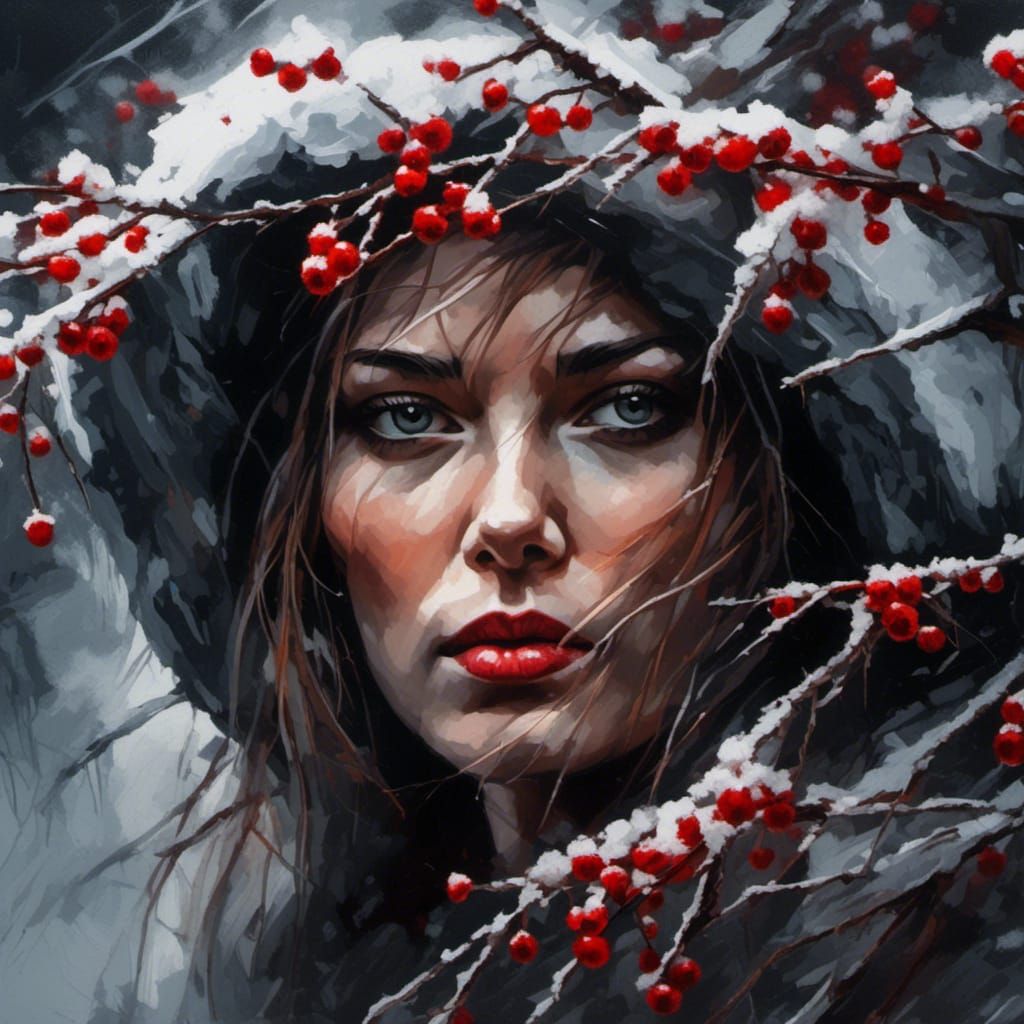 Macro closeup shot of a beautiful snowy woman framed by snowy branches with red berries, <lora:Snowfall:1.0> dark matte background dark and...