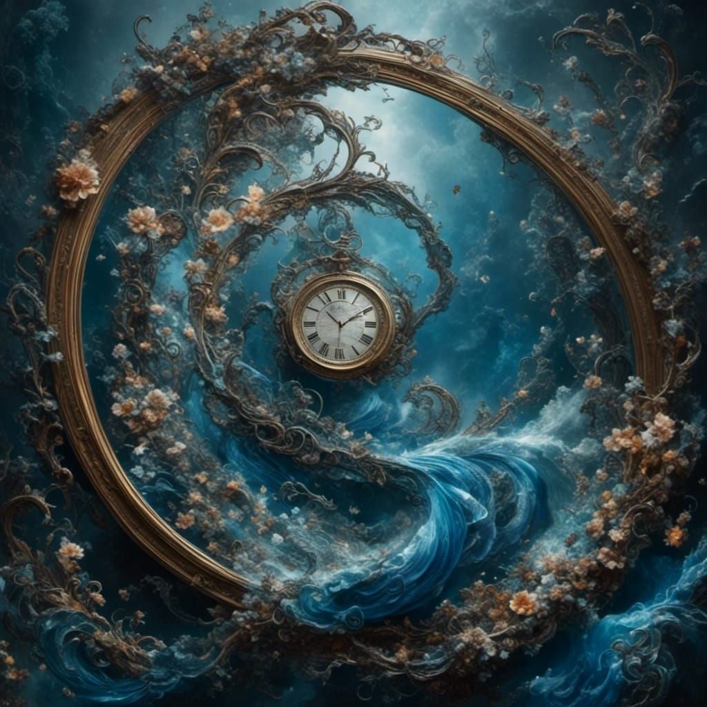 Time is a storm in which we are all lost, TIME flowing, spiral, cascading STORM <lora:Cascading:1.0> Hyperrealistic, blue monochromatic, Dee...