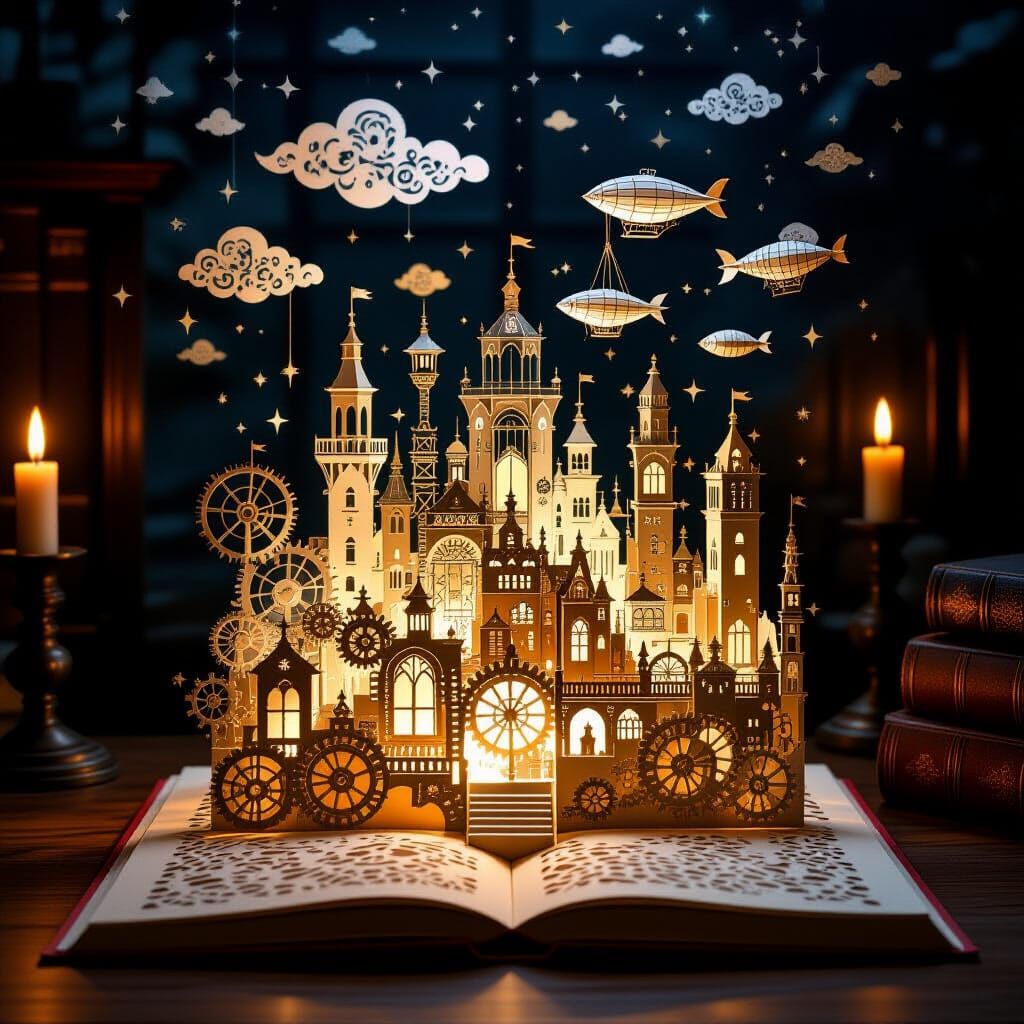 A magical papercut pop-up book opens in a dimly lit study—layer upon layer of intricately cut paper reveals ...  by @Matt