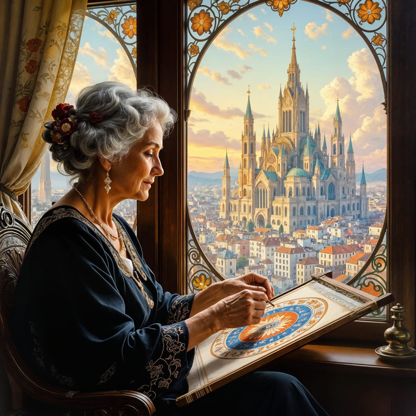 An elderly woman sits by a window, her face etched with the wisdom of ages, as she crafts a delicate, ...  by @Дарья Бортникова