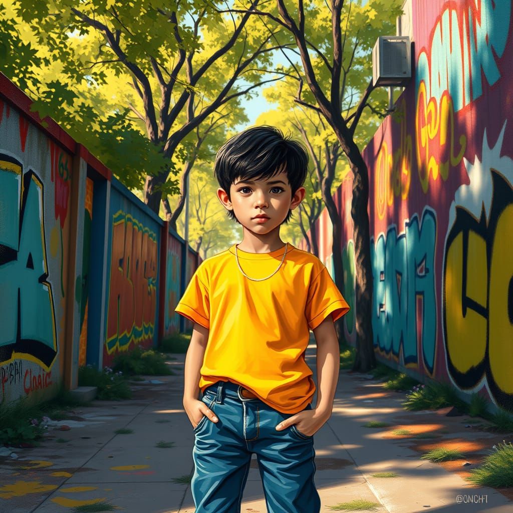Boy in Urban Park with Graffiti Art