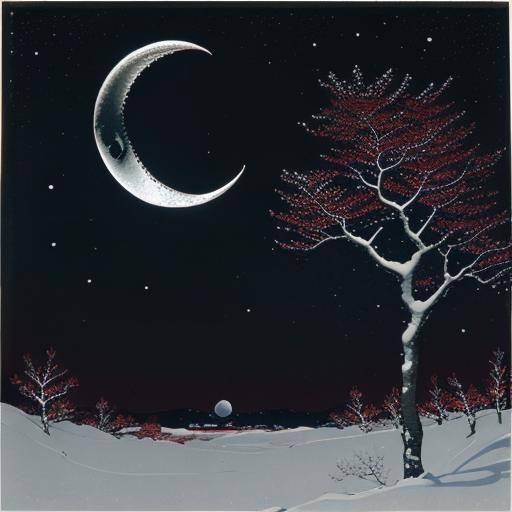 Winter full Moon shining against branches. Starry sky. Deep ...