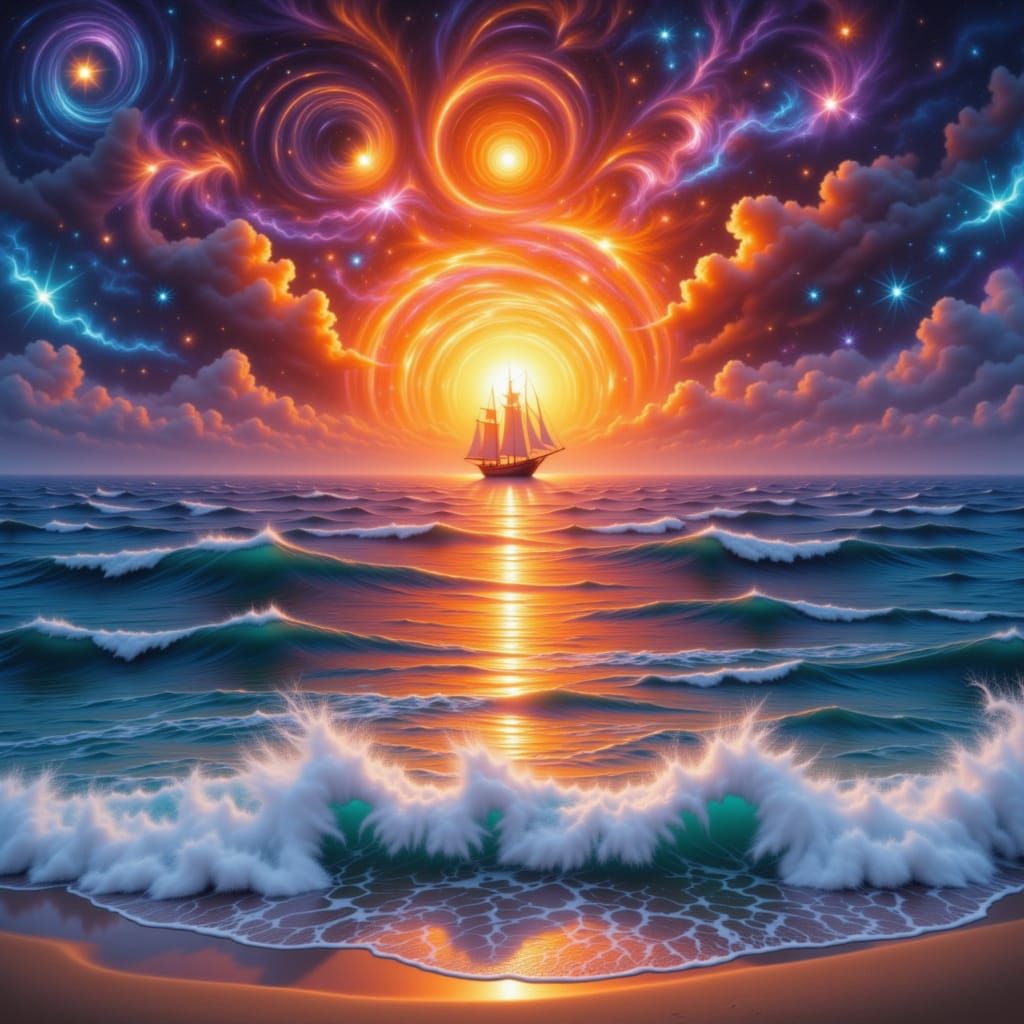 <lora:Boats and Ships:1.0>A surreal airbrushed landscape of a ocean beach sunset double exposure ship airbrushed orange ocean sunset galaxy....