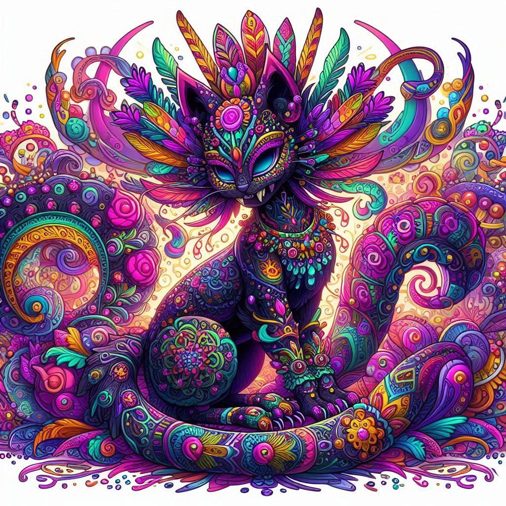A whimsical goth Quetzalcoatl cat woman adorned with intricate, colorful details, presented in a vibrant cutecore aesthetic. The scene is ri...