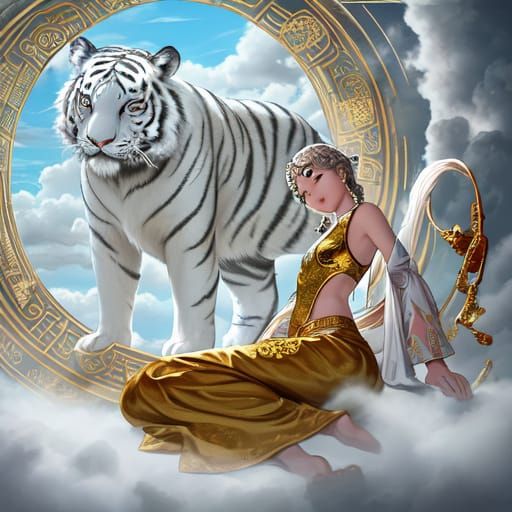 Ethereal White Tiger in Tibetan Temple