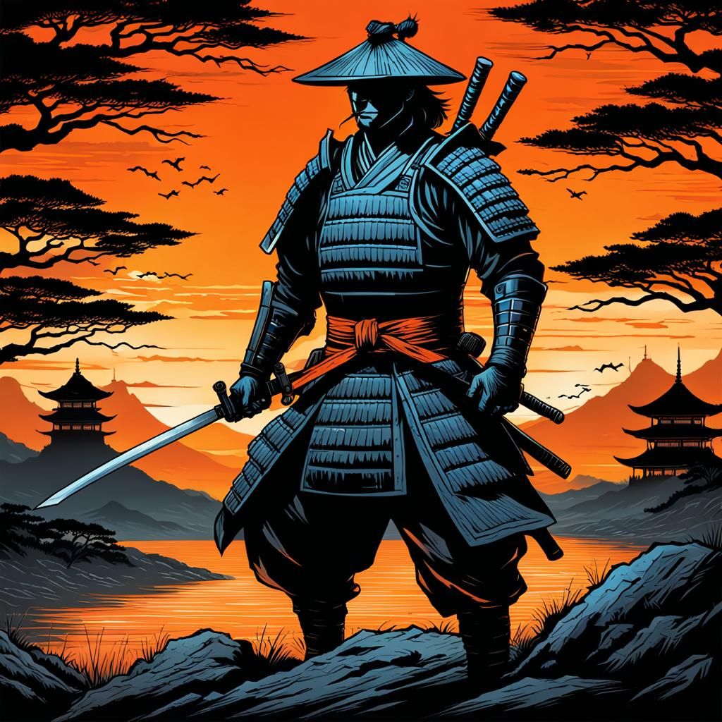 Samurai Silhouette Art in Comic Book Style
