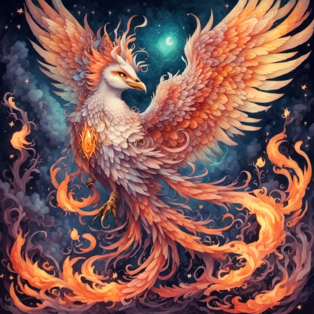 <lora:Dreamy Watercolor:1.0> firey Phoenix with flaming wings 