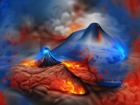 Volcano with blue fire detailed painting digital illustratio...