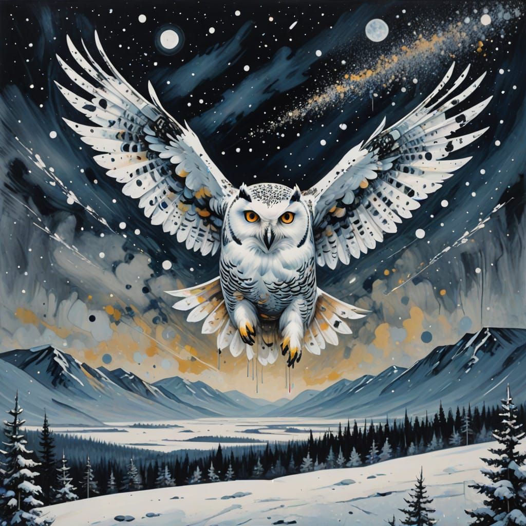 Surreal Snow Owl Soars Above Winter Wastes in Splatter Paint...