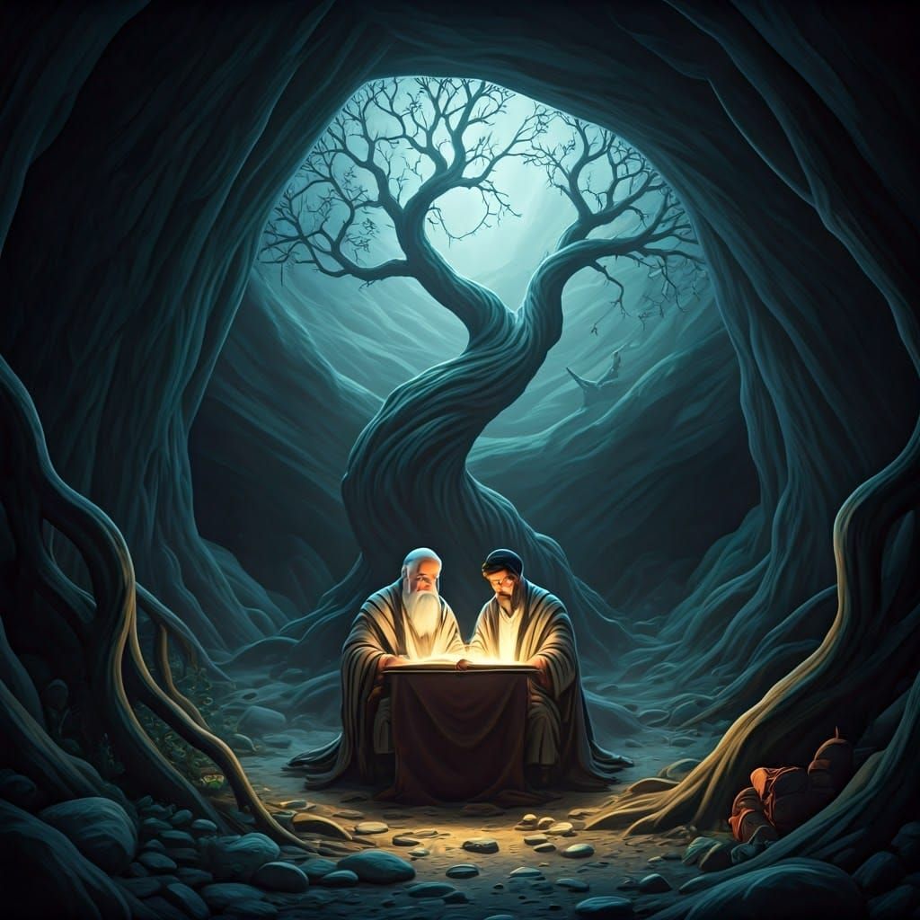 Ancient Scholars Study Torah in Mystical Cave Sanctuary