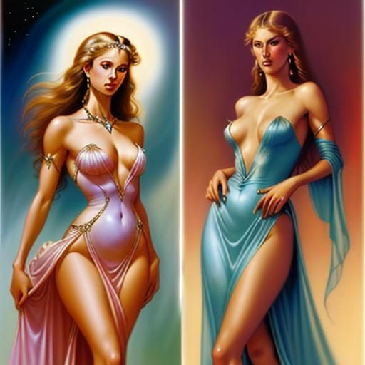  Boris Vallejo's women, ethereal and fair,
With flowing gown...