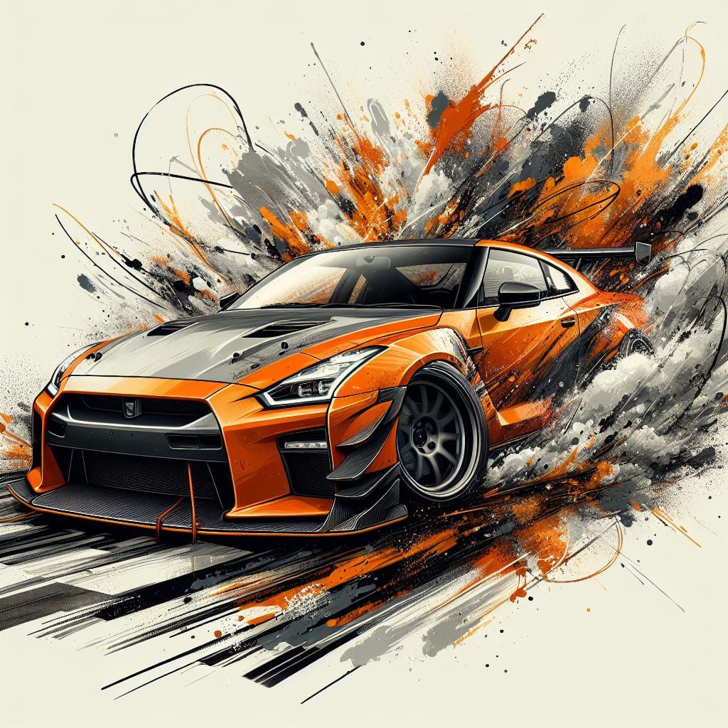 An orange BMW M4 GTS in drift motion, emerging from a dynamic explosion of paint.  by @Taurus