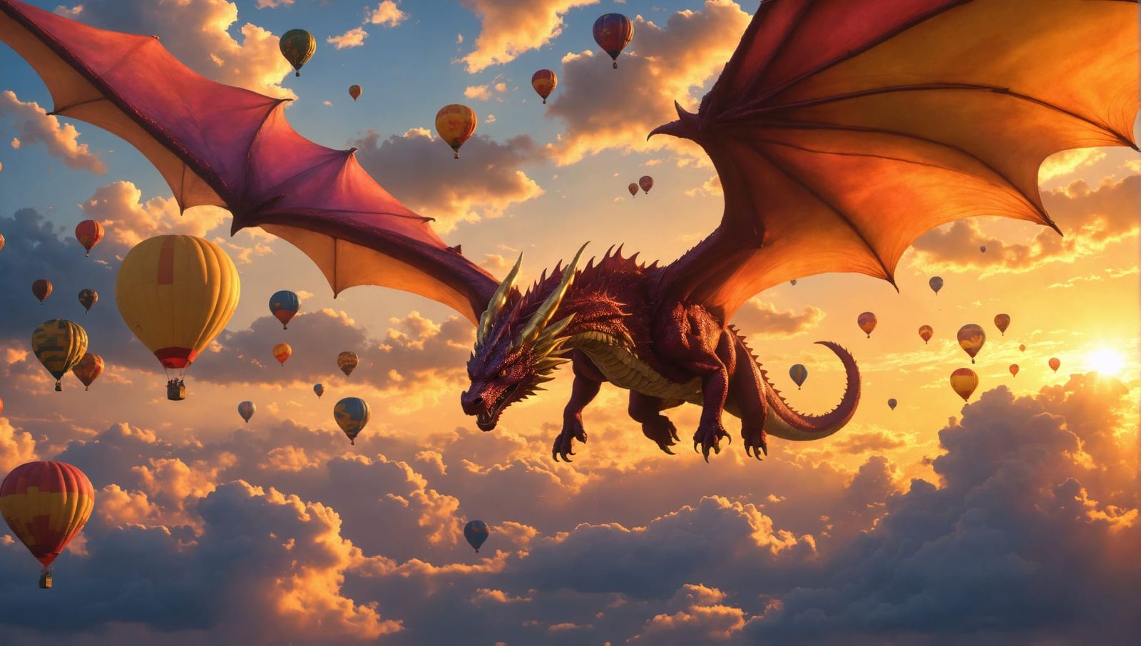Dragon weaving through hot air balloons