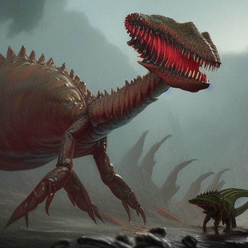 Slimy crab creature fighting a dinosaur
