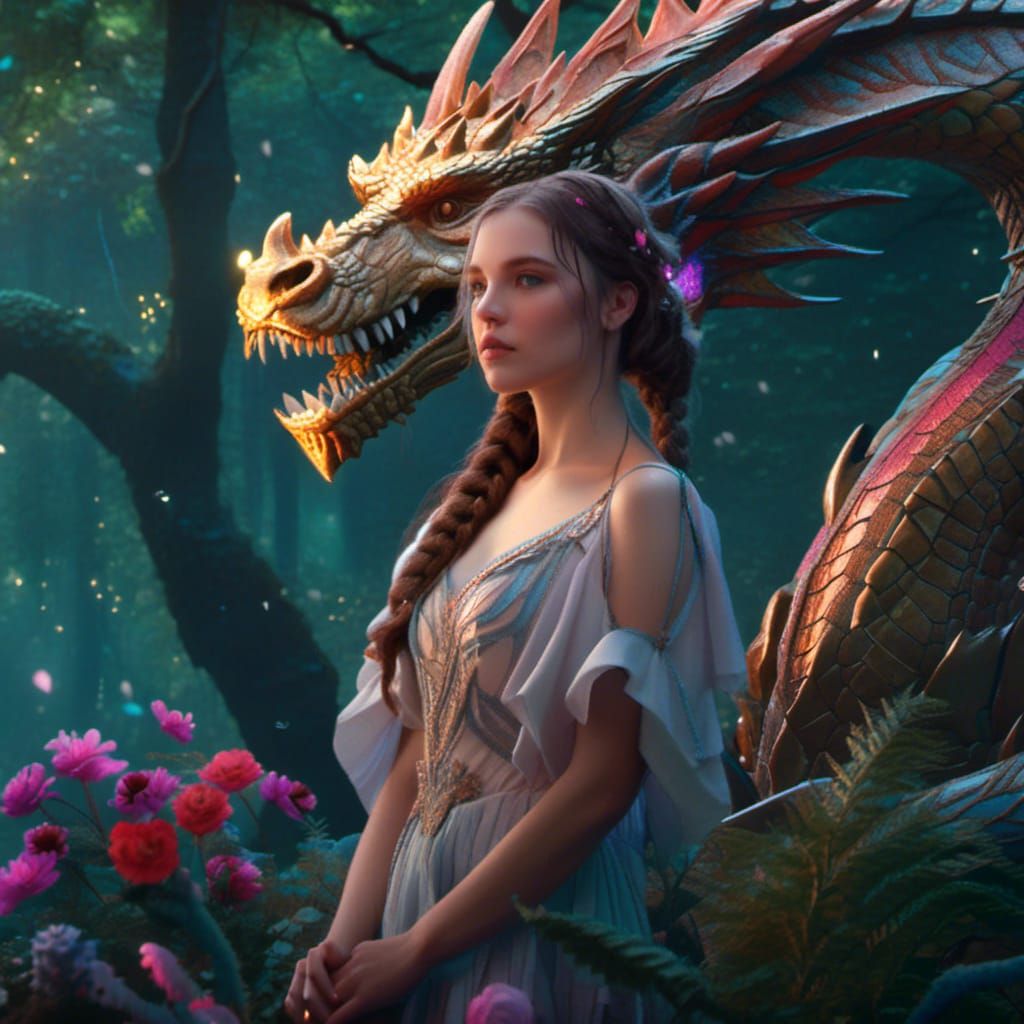 Ethereal Woman and Dragon in Dark Fantasy Style