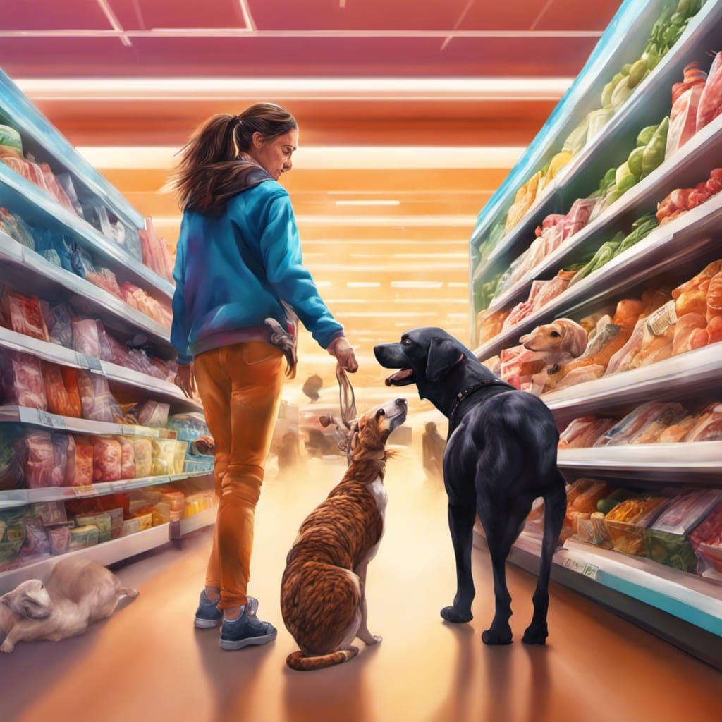 Woman and her dogs at supermarket