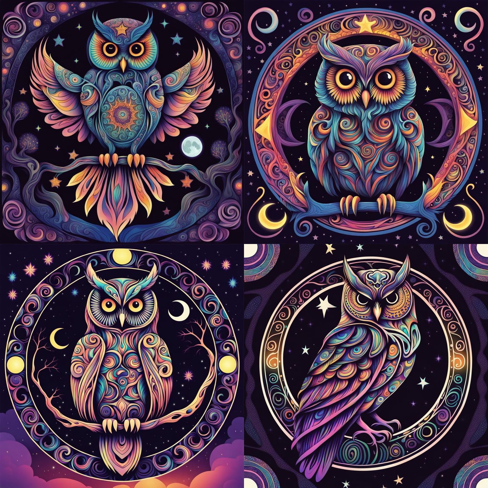 A psychedelic owl at night. Swirling patterns. Magical. Pent...