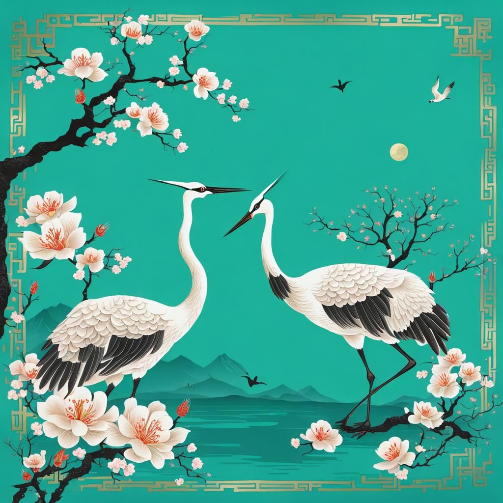 Oriental scene on a turquoise background with cranes and blo...