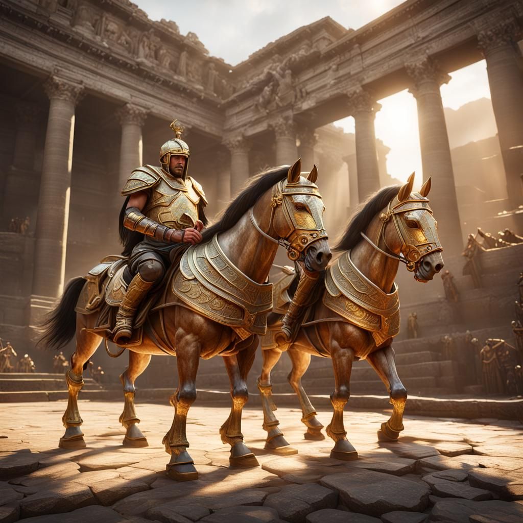 Ancient roman civilization gladiator horses with gold