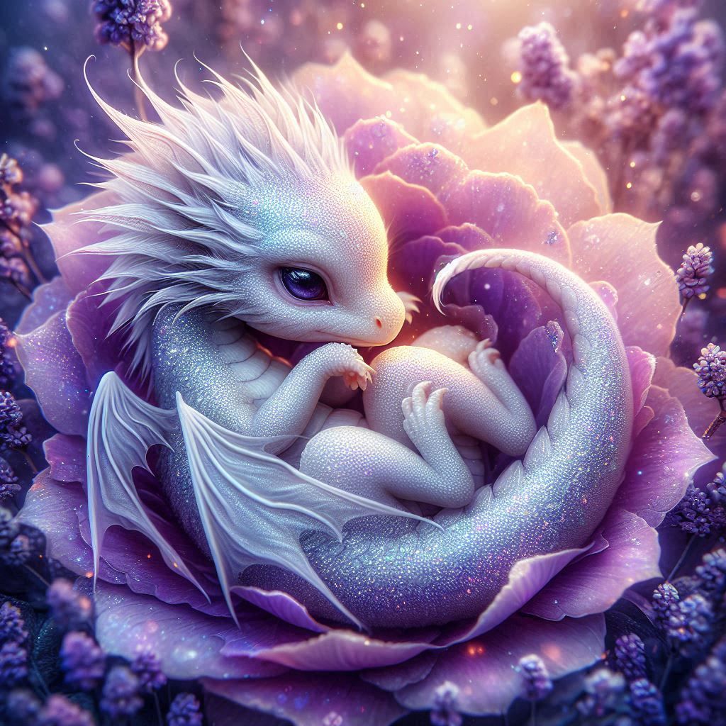 Cute baby Dragon curled up in a purple flower