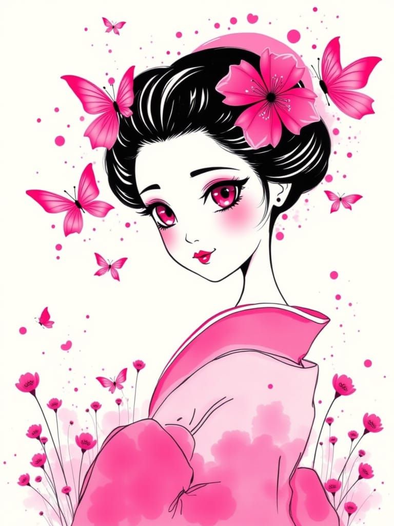 Geisha with Fluttering Pink Kanzashi Butterflies

    "A whimsical Sumi-e style geisha with bold pink eyes and a matching pink splash, featu...