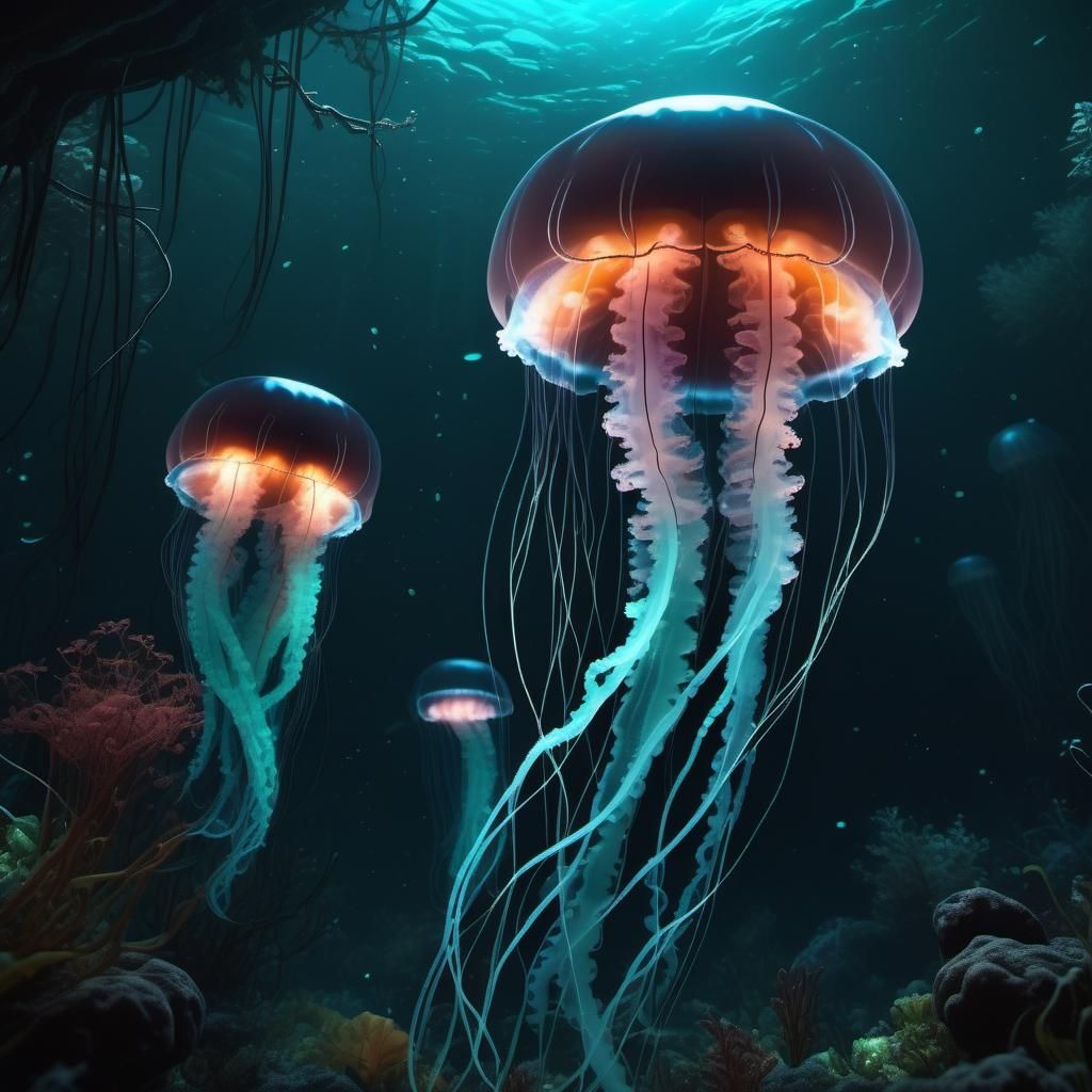 Forest in abyssal waters. (Bioluminescent jellyfish and phytoplankton ...