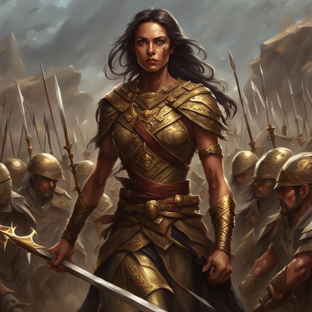 A tan young woman leading an army. She has a spear and is we...