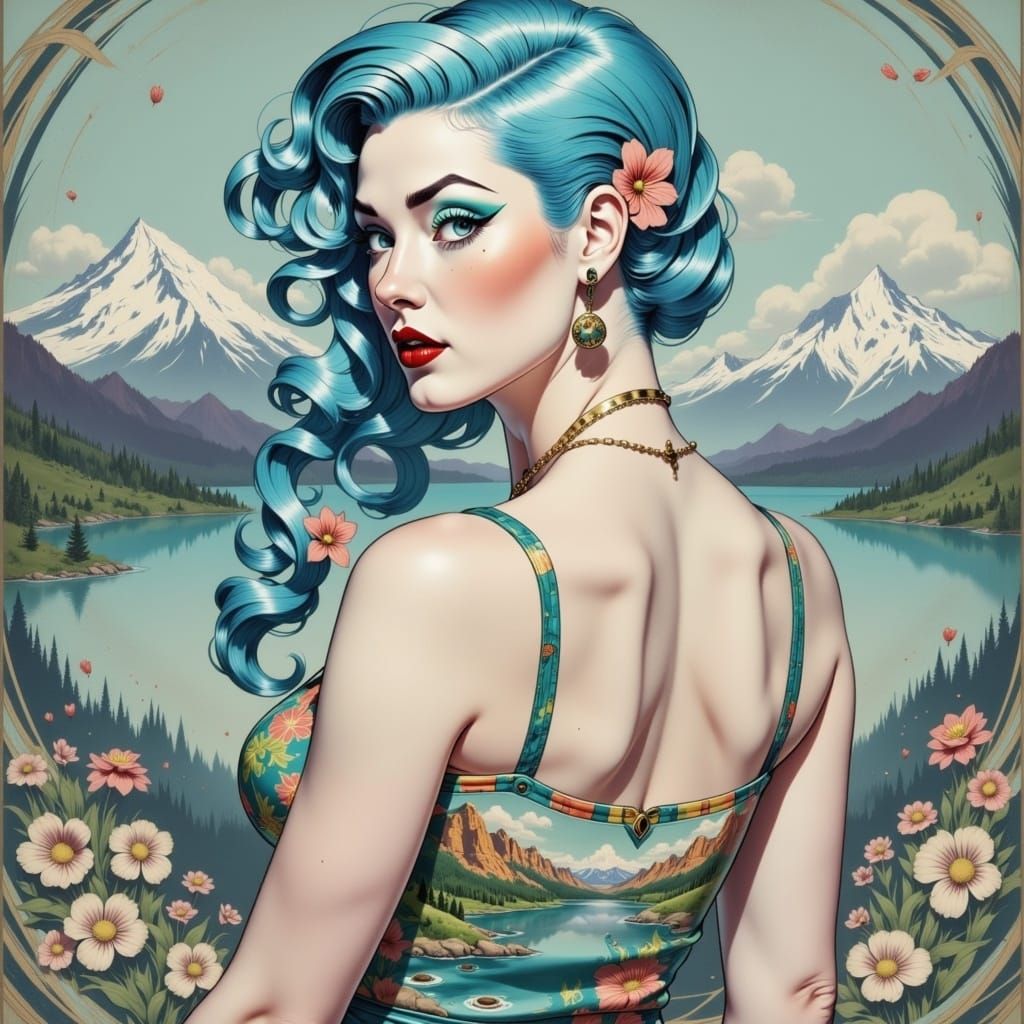 whimsical illustration of a beautiful <lora:UlStyle:1.0> with blue hair adorned with gold accents and pink flowers. she has an earring and a...