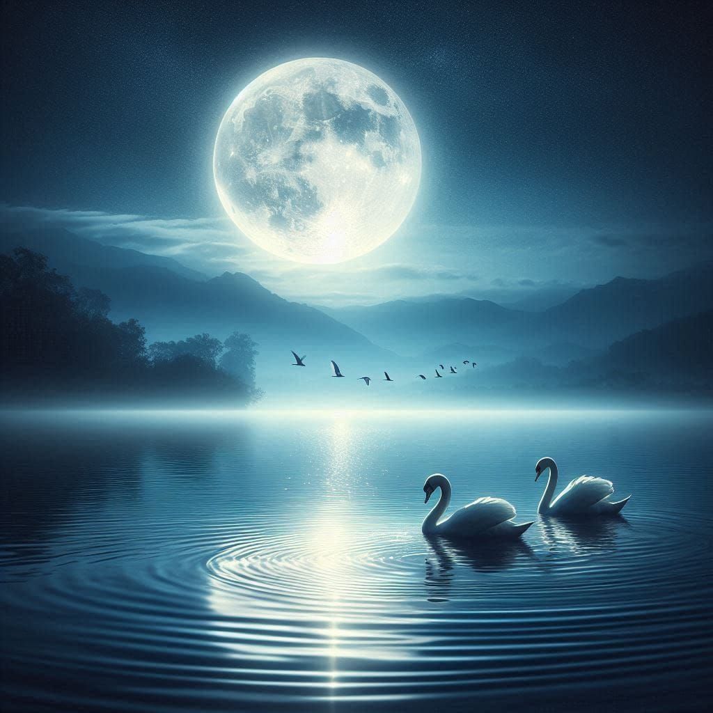 Moon shining on a river that has gooses in it