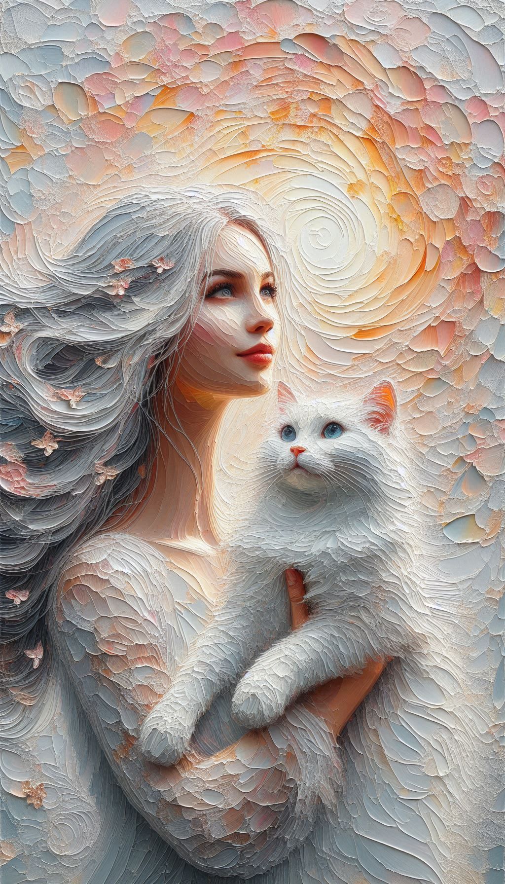 Impasto painting, woman and her cat