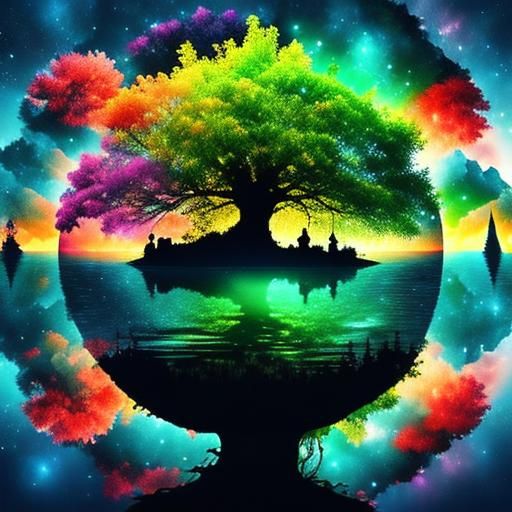 <lora:Wonderland:1.0>  a beautiful colorful magical floating silhouette of a tree on water