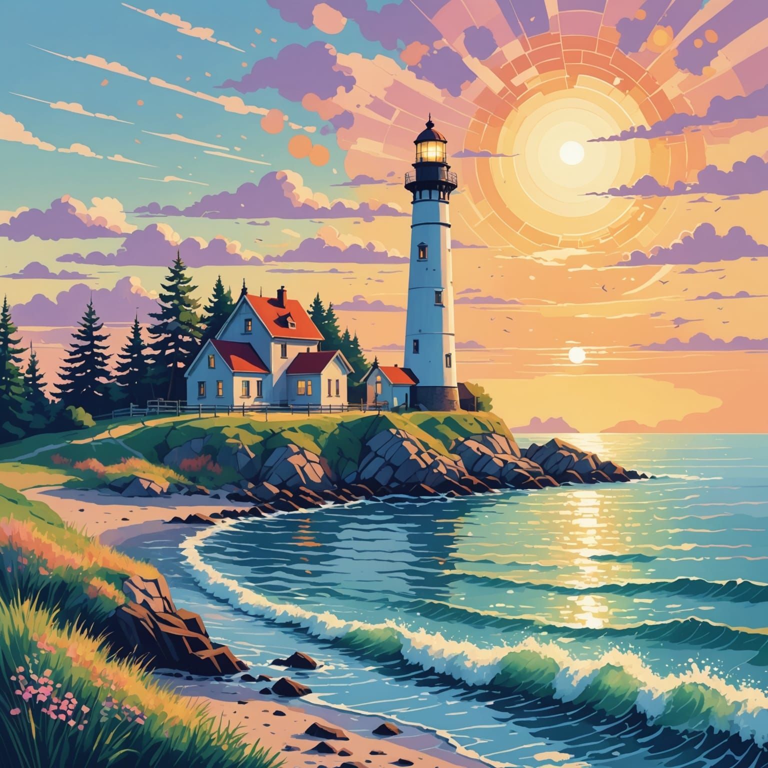 Dreamlike Pointillist Lighthouse on Remote Island  by @AliceKoh