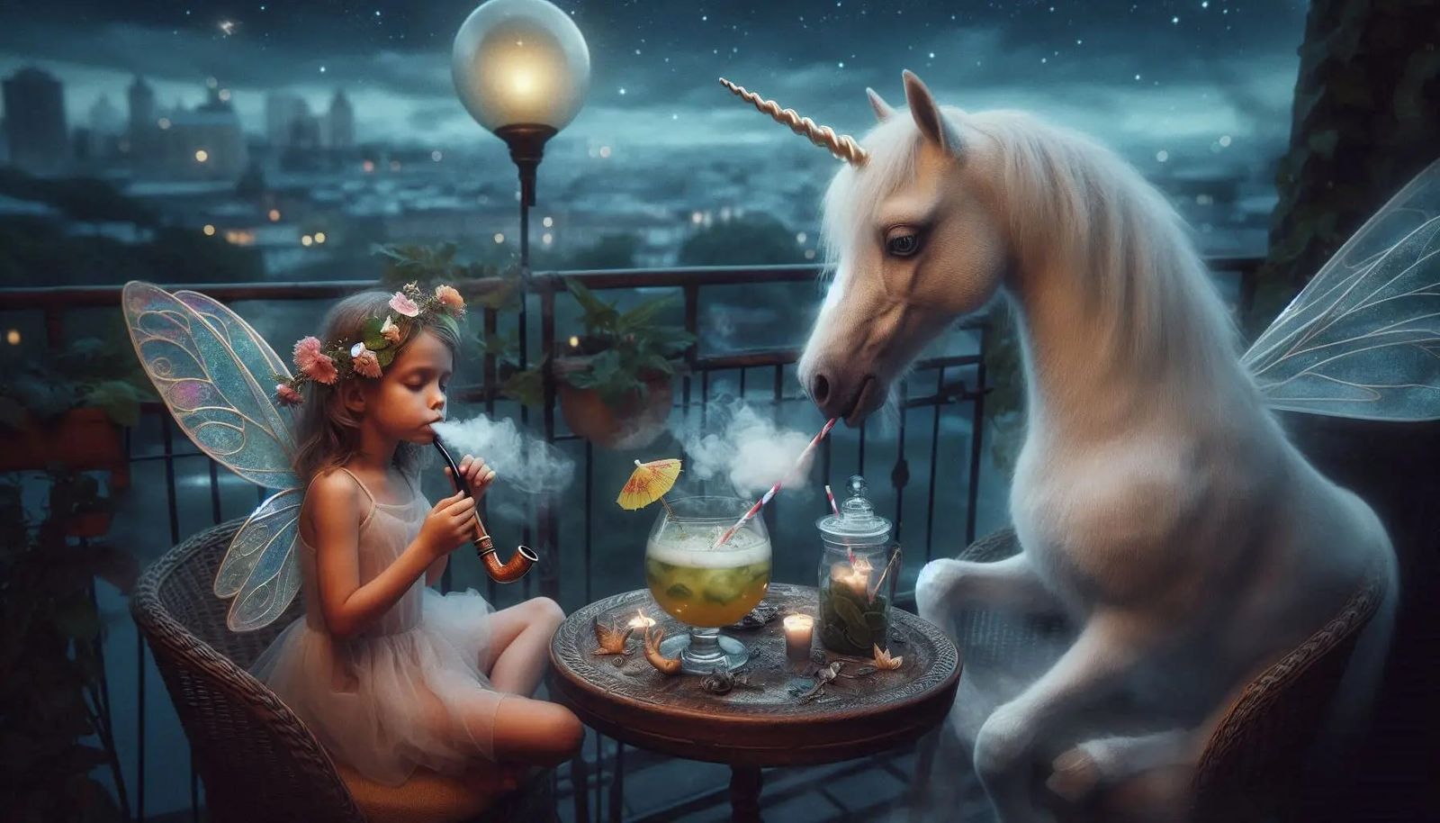 Fairy girl and her unicorn on the terrace