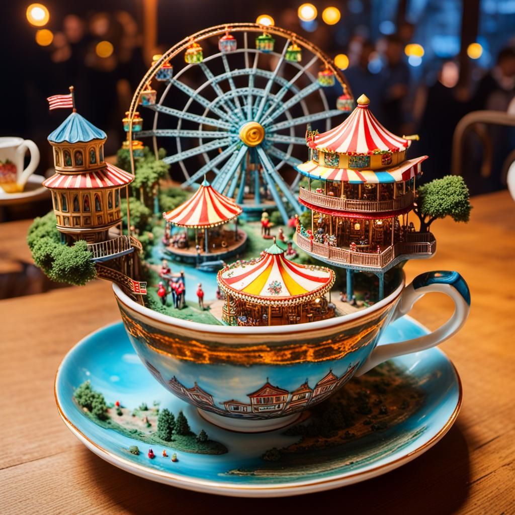 Miniature theme park inside of a tea cup  by @Montana Deroble