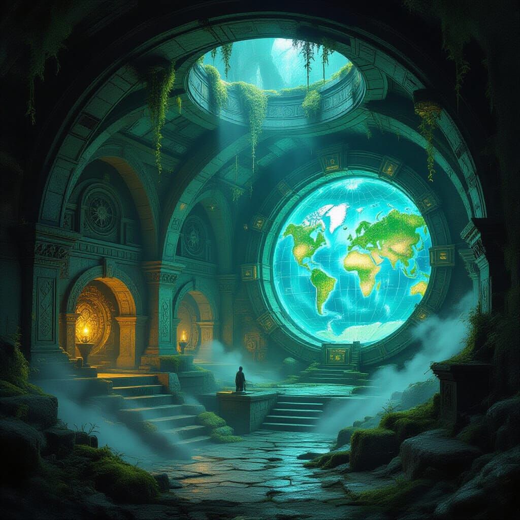 A labyrinthine underground bunker hidden beneath ancient ruins, filled with glowing runes, mechanical traps, and a massive war room with a h...