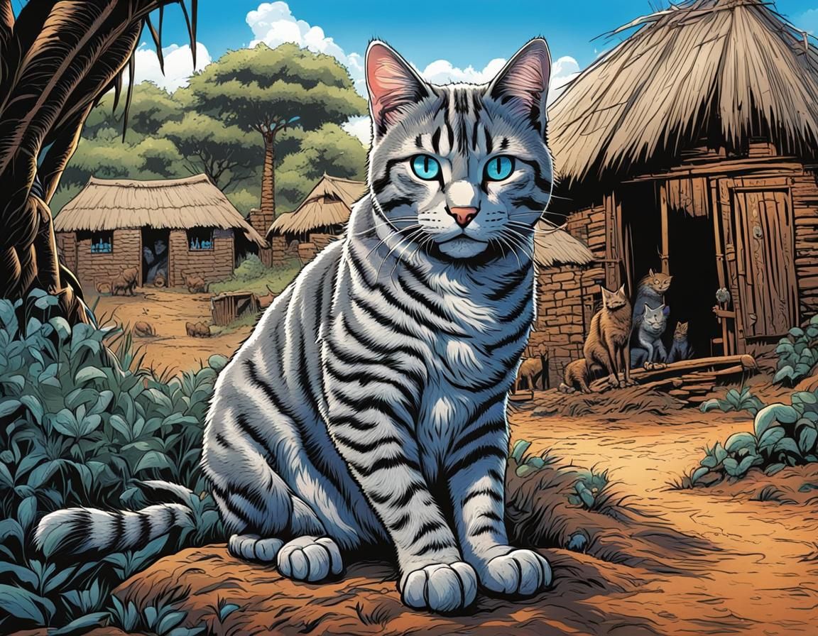 Grey tabby cat visiting old village