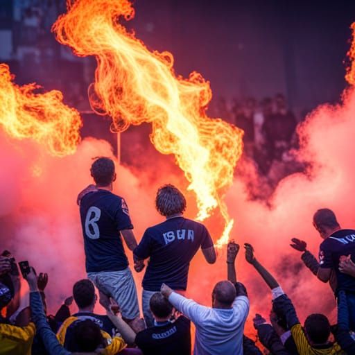 Soccer ultras with flares and TV heads