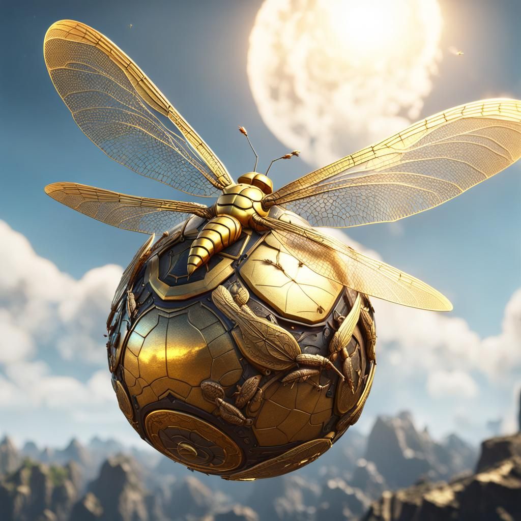 A golden ball with dragonfly wings, flying in the sky