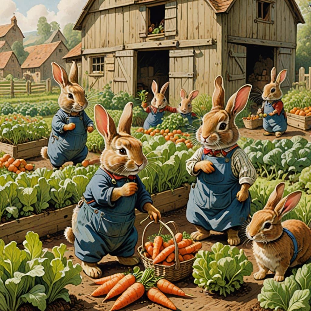 Peter Rabbit Bunnies - Whimsical Garden Bunnies at Work in W...