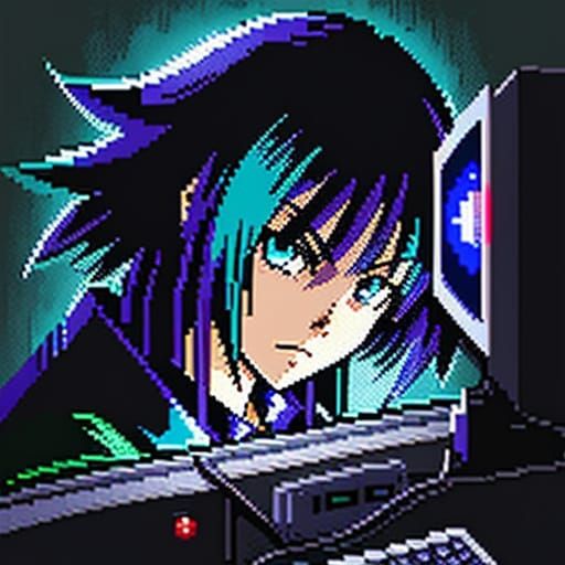Retro Anime Girl Looks Out from Computer Monitor