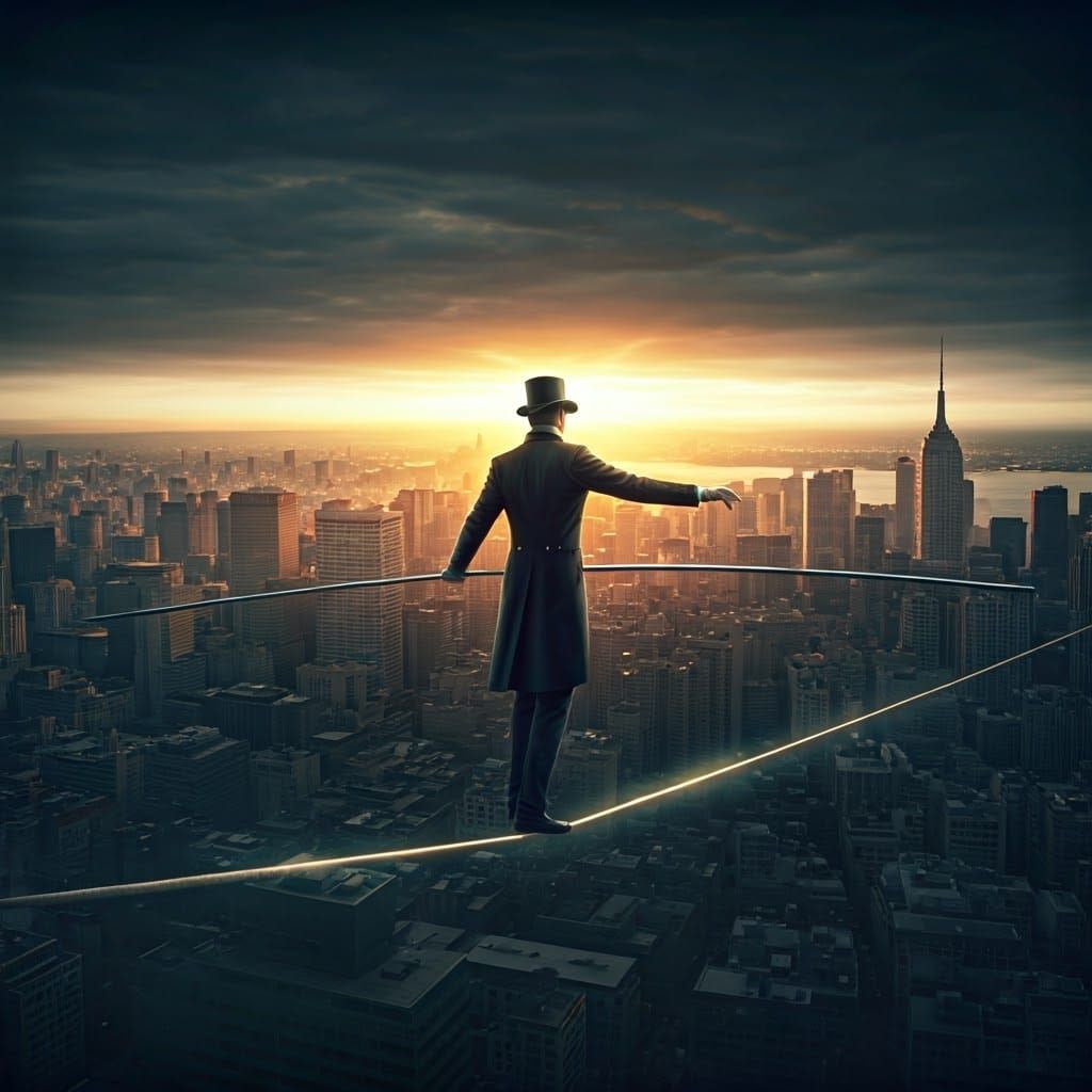 Man on Tightrope Above Cityscape in Whimsical Style