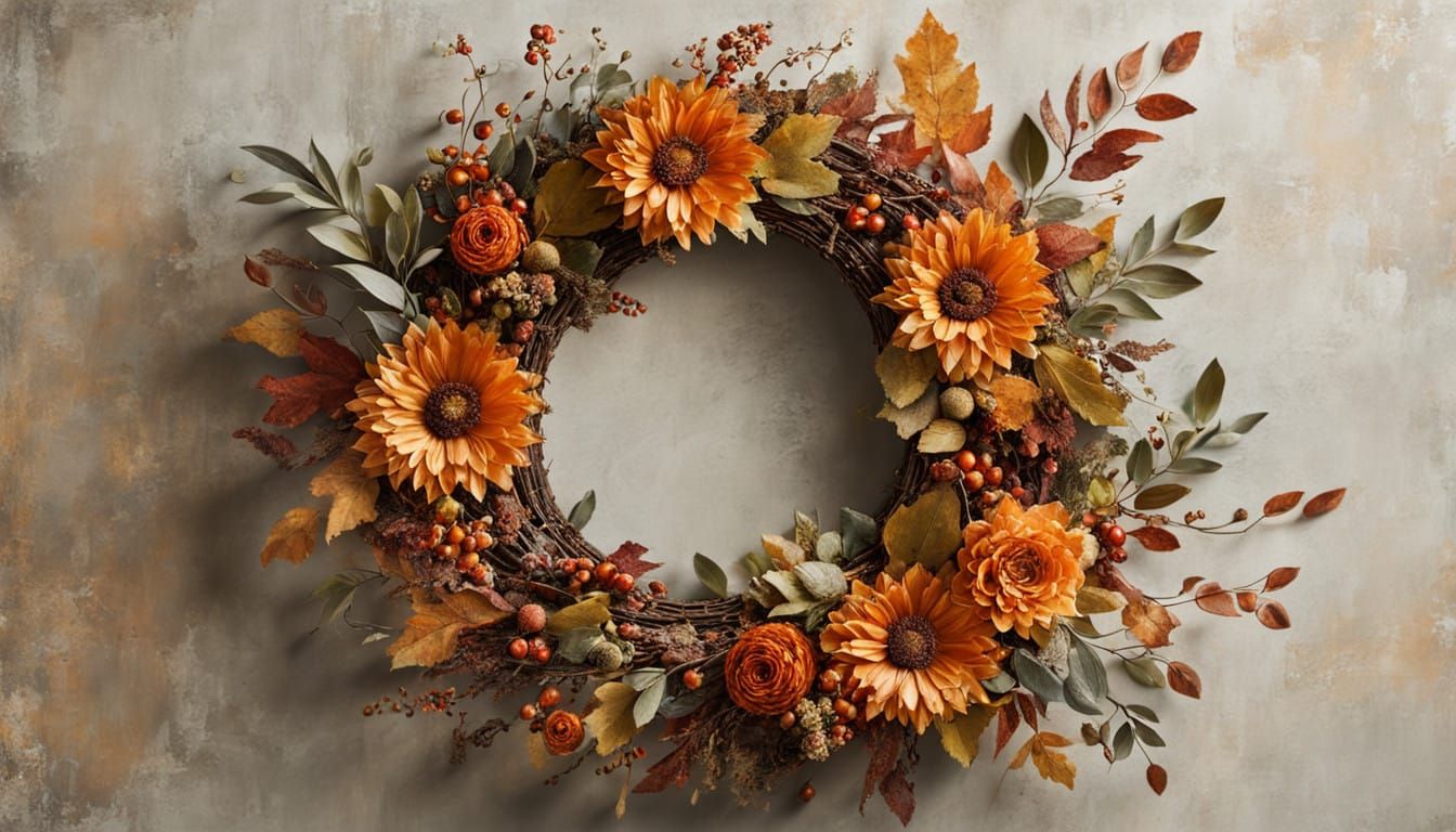 A seasonal wreath featuring vibrant autumn leaves and flowers in warm colors.  by @Ankh