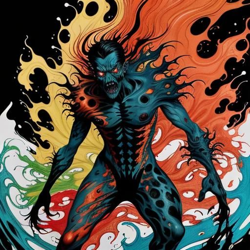 Terrifying ghostly shadow monster, red orange yellow electri...